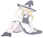  apron arm_support bad_id bad_pixiv_id blonde_hair bloomers full_body green_eyes hat high_heels kirisame_marisa long_hair looking_at_viewer ofuton_zeb shoes short_sleeves simple_background sitting socks solo touhou underwear witch_hat 