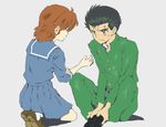  1boy 1girl black_hair brown_eyes brown_hair female kneeling male miniskirt school_uniform sheila_e short_hair sitting skirt sweatdrop uniform urameshi_yusuke yu_yu_hakusho yukimura_keiko yuu_yuu_hakusho 