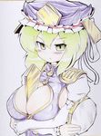  between_breasts blush breasts cleansed_crystal_mirror colored_pencil_(medium) covered_nipples crossed_arms green_eyes green_hair hand_mirror hat large_breasts mirror okiraku_nikku rod_of_remorse sexually_suggestive shiki_eiki shikishi solo touhou traditional_media upper_body 