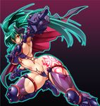  armor armpits boots breasts cape copyright_request curvy fang green_hair large_breasts legs long_hair long_legs muscle one_eye_closed pointing rakko_(r2) red_eyes sideboob solo tattoo thick_thighs thighhighs thighs twintails wide_hips 