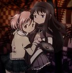  akemi_homura anime_coloring black_hair blush checkered dark downscaled flauschtraut hairband hand_on_another's_chest hand_on_hip holding_hands hug kaname_madoka long_hair magical_girl mahou_shoujo_madoka_magica md5_mismatch mitakihara_school_uniform multiple_girls official_style pantyhose pink_hair purple_eyes railroad_tracks resized school_uniform shield short_hair twintails witch's_labyrinth 
