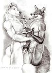  anthro balls blotch cake canine canine_penis couple duo english_text eye_contact flaccid food fox gay greyscale grope handjob holding kyell_gold looking_at_each_other male mammal monochrome penis penis_tip plain_background sex sheath sketch text tongue tongue_out touching white_background wolf 