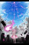  absurdres bad_id bad_pixiv_id bow_(weapon) cityscape day destruction gloves highres kaname_madoka kin_(chi1r0ru) magic magic_circle magical_girl mahou_shoujo_madoka_magica pink_hair pointing pointing_up red_eyes scenery short_hair sky solo weapon 