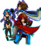  :3 animal_ears black_legwear bloody_roar blue_hair boots breasts brown_eyes brown_hair cat_ears chain choker coat creature fang gloves gradient_hair green_eyes haiiro_gundan heterochromia long_hair medium_breasts multicolored_hair multiple_girls nagi_(bloody_roar) nonomura_uriko red_eyes red_hair serious short_hair smile sword tattoo thighhighs uranus_(bloody_roar) weapon wrist_cuffs yellow_eyes 