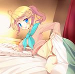  :d bad_id bad_pixiv_id bed bed_invitation blanket blonde_hair blue_eyes blush come_hither esia_mariveninne komone_ushio lying navel on_side open_mouth original pillow ponytail short_hair shorts smile solo under_covers 