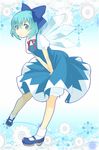  :o aqua_hair bloomers blue_eyes blue_hair bow cirno dress eyelashes fairy hair_bow leaning_forward looking_at_viewer mary_janes neck_ribbon puchiman ribbon shoes short_hair skirt skirt_tug solo touhou underwear v_arms wings 