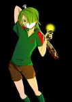  1boy black_background blood child green_hair inazuma_eleven inazuma_eleven_(series) male sakiyama_syuji soccer_uniform solo sword weapon 