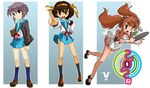  asahina_mikuru bleedman book brown_eyes brown_hair cardigan dress headband kita_high_school_uniform long_hair maid multiple_girls nagato_yuki name_tag purple_hair school_uniform serafuku shoes short_hair socks sos-dan_logo suzumiya_haruhi suzumiya_haruhi_no_yuuutsu twintails 