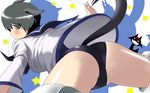  animal_ears ass black_hair blush cosplay green_eyes highres kanchou_(karaja) looking_back luciana_mazzei miyafuji_yoshika miyafuji_yoshika_(cosplay) object_on_head panties panties_on_head sailor school_swimsuit shiny shiny_skin short_hair silhouette_demon solo spread_legs strike_witches swimsuit swimsuit_under_clothes tail underwear wardrobe_error world_witches_series 