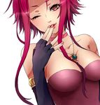  armlet asakare bad_id bad_pixiv_id bare_shoulders breasts choker cleavage collarbone fingerless_gloves gloves izayoi_aki jewelry large_breasts lips long_hair nail_polish necklace one_eye_closed red_eyes red_hair short_hair_with_long_locks simple_background smile solo yuu-gi-ou yuu-gi-ou_5d's 