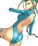  absurdres ass back bad_id bad_pixiv_id banned_artist beret blonde_hair blue_eyes blue_leotard braid cammy_white hat highres leotard s_tanly sketch street_fighter twin_braids 