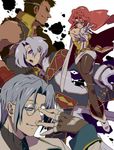  3boys ahoge antenora_victoria belt blue_eyes brown_hair caina_(wild_arms) cape coat evil_smile glasses gloves grey_hair judecca_ducet long_hair looking_at_viewer multiple_boys open_mouth pants pantyhose ponytail ptolomea_(wild_arms) purple_eyes red_hair sako shoes short_hair skirt smile thread white_hair wild_arms wild_arms_2 