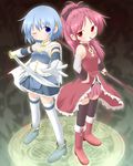  blue_eyes blue_hair blush food glyph mahou_shoujo_madoka_magica miki_sayaka multiple_girls natsu_no_koucha pocky red_eyes red_hair runes sakura_kyouko staff sword thighhighs weapon 