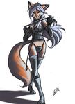  blue_eyes boots breasts canine cat_o&#039;_nine_tails collar domina dominatrix female fox gray_hair grin ironfox leash leather orange pose solo standing whip 