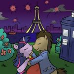  brown_hair crossover doctor_who doctor_whoof_(mlp) doctor_whooves_(mlp) eiffel_tower equine female friendship_is_magic hair horn horns horse kissing male mammal my_little_pony paris pony tardis twilight_sparkle_(mlp) two_tone_hair unicorn unknown_artist 