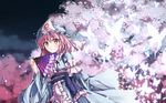  bad_id bad_pixiv_id banned_artist bug butterfly cherry_blossoms fan folding_fan ghost hat hexagon highres insect japanese_clothes light_particles looking_at_viewer petals pink_eyes pink_hair saigyouji_yuyuko saigyouji_yuyuko's_fan_design solo toshizaki_shouma touhou tree wallpaper 