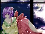  absurdres bad_id bad_pixiv_id bare_shoulders bow breasts cherry_blossoms cleavage fingernails flower hair_flower hair_ornament hieda_no_akyuu highres hips japanese_clothes large_breasts legs lipstick makeup moon nail_polish night off_shoulder petals purple_eyes purple_hair short_hair solo suzuchi1218 teenage touhou undressing 