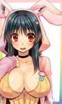  animal_ears black_hair blush breasts bunny_ears choker cleavage hood hooded_jacket hoodie huge_breasts jacket kekocha mole mole_under_eye open_mouth original red_eyes smile solo 