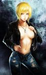  aya_brea blonde_hair blue_eyes breasts denim fwd jacket jeans jewelry medium_breasts navel_piercing necklace no_bra open_clothes open_fly open_jacket pants parasite_eve piercing short_hair solo torn_clothes torn_jeans torn_pants unbuttoned unzipped 