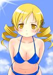  arms_behind_back bare_shoulders bent_over bikini blonde_hair breasts cap_(dkdm-d) cleavage drill_hair hair_ornament halterneck large_breasts leaning_forward mahou_shoujo_madoka_magica midriff solo swimsuit tomoe_mami wavy_mouth yellow_eyes 
