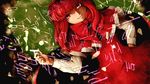  calculus cape chalk dutch_angle grin hand_on_hip long_hair math misopanne okazaki_yumemi red_eyes red_hair smile solo touhou touhou_(pc-98) 