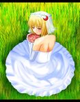  back bare_back blonde_hair bouquet bridal_veil crescent dress elbow_gloves flower from_above gloves hanema lunasa_prismriver short_hair solo touhou veil wedding_dress white_gloves yellow_eyes 