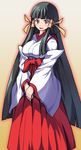  arcana_heart black_hair brown_eyes exis hair_ribbon hakama hands_clasped japanese_clothes kasuga_maori long_hair miko own_hands_together red_hakama ribbon sidelocks smile solo very_long_hair 