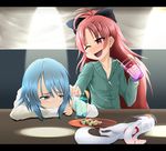  alcohol blue_eyes blue_hair drink drinking_straw drunk food handle kazuna kyubey letterboxed long_hair mahou_shoujo_madoka_magica miki_sayaka multiple_girls ponytail red_hair sakura_kyouko tears yakitori 