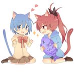  :3 animal_ears bad_id bad_pixiv_id blue_eyes blue_hair cat_ears cat_tail chibi food heart highres ichihashi kemonomimi_mode long_hair mahou_shoujo_madoka_magica miki_sayaka mitakihara_school_uniform multiple_girls ponytail red_eyes red_hair sakura_kyouko school_uniform short_hair simple_background sitting sparkle tail taiyaki v-shaped_eyebrows wagashi 