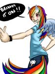  english_text female friendship_is_magic grin hair human humanized mammal multi-colored_hair my_little_pony plain_background ponygirl rainbow_dash_(mlp) rainbow_hair red_eyes solo taunting text unknown_artist white_background wings 