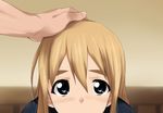  blonde_hair blue_eyes commentary eyebrows hand_on_another's_head head_out_of_frame k-on! kaiga kotobuki_tsumugi long_hair out-of-frame_censoring out_of_frame petting pov school_uniform sexually_suggestive solo_focus 