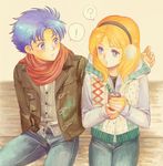  1boy 1girl ? amn0w0 blue_eyes blue_hair can cardigan casual cecily_fairchild denim earmuffs gundam gundam_f91 hood hoodie jacket jeans orange_hair pants scarf seabook_arno sitting vest 