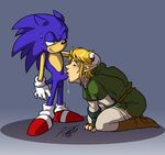  anthro blonde_hair blush dripping duo elf gay hair hedgehog interspecies kneeling link male mammal oral rockgaara saliva sega sonic_(series) sonic_the_hedgehog the_legend_of_zelda video_games 