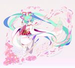  aqua_eyes aqua_hair beamed_eighth_notes boots cherry_blossoms eighth_note fan folding_fan hako_(swimjelly) hatsune_miku japanese_clothes kimono long_hair musical_note obi quarter_note sash solo staff_(music) thigh_boots thighhighs twintails very_long_hair vocaloid 