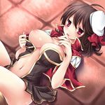  :p breast_slip breasts brown_hair creator large_breasts lying navel nipples one_breast_out open_clothes ragnarok_online red_eyes solo sorai_shin'ya tongue tongue_out 