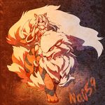  animal_ears arcanine breasts cleavage cross-laced_footwear detached_sleeves fur_trim gen_1_pokemon hair_tousle kuromiya long_hair medium_breasts moemon personification pokemon pokemon_(creature) red_eyes riding thighhighs 