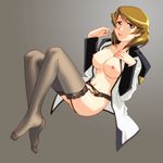  bottomless breasts brown_hair feet garter_belt gundam gundam_seed gundam_seed_destiny kazemal lace lace-trimmed_thighhighs large_breasts legs mature nipples open_clothes open_shirt shirt solo talia_gladys thighhighs thighs uniform 