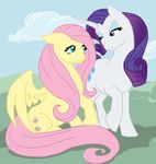  equine eyeshadow female feral fluttershy_(mlp) friendship_is_magic fur grass hair horn horns horse long_hair makeup mammal my_little_pony outside pegasus pink_hair pony purple_hair rarity_(mlp) short_hair sitting smile unicorn unknown_artist white white_fur wings yellow yellow_fur 