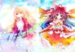  blonde_hair bow cis_(carcharias) collaboration gradient_hair hair_bow hakurei_reimu hijiri_byakuren long_hair multicolored_hair multiple_girls nanamomo_rio navel sorcerer's_sutra_scroll touhou 