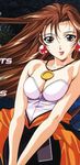  1girl bare_shoulders black_eyes breast_squeeze breasts brown_hair cleavage collar earrings highres jewelry kidou_senkan_nadesico lipstick long_hair looking_at_viewer makeup minato_haruka nadesico skirt smile solo standing 