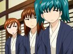  3girls angry aqua_hair black_eyes brown_hair doi_shizuha green_hair honjo_mikaze inside japanese_clothes long_hair multiple_girls nakamura_ayamo open_mouth orange_hair short_hair stratos_4 twintails 