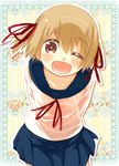  ;d blush hair_ribbon mizu_asato one_eye_closed open_mouth original ribbon school_uniform skirt smile solo standing 