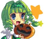  1girl :d asia_(wild_arms) blue_eyes drill_hair enoo green_hair hair_intakes hairband halloween happy jack-o'-lantern leaf lowres oekaki open_mouth pumpkin short_hair simple_background smile solo star symbol-shaped_pupils white_background wild_arms wild_arms_4 