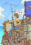  black_hair cactus canvas_(object) clothesline cloud dark_skin day easel inukoko laundry oekaki_musume original pants plant potted_plant profile rooftop short_hair sky solo stool tank_top 