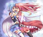  blue_hair hakkotsu_shitai long_hair mahou_shoujo_madoka_magica miki_sayaka multiple_girls ponytail red_eyes red_hair sakura_kyouko short_hair tears thighhighs 