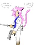  animal_ears blue_eyes cat_ears cosplay gijinka gun hair hi_res human katana left_4_dead_(series) left_4_dead_2 mammal nick pink_hair pipe_bomb ranged_weapon solo suit sword unknown_artist valve vg_cats video_games weapon white_suit 