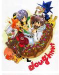  2boys black_hair child chimchar doughnut elekid food male male_focus multiple_boys murkrow pikachu pokemon pokemon_(anime) purple_hair satoshi_(pokemon) shinji_(pokemon) trapinch 