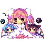  akemi_homura animal_ears black_hair blue_eyes blue_hair blush bow cat_ears cat_tail chibi chocolat_(momoiro_piano) commentary_request hair_bow hair_in_mouth heart homu kaname_madoka long_hair magical_girl mahou_shoujo_madoka_magica miki_sayaka multiple_girls petting pink_hair purple_eyes red_eyes short_hair simple_background smile spoilers spoken_heart tail tail_wagging tears translated two_side_up ultimate_madoka 