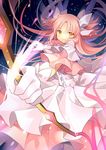  aiming bow_(weapon) foreshortening gloves kaname_madoka long_hair magical_girl mahou_shoujo_madoka_magica pink_hair rie_(reverie) smile solo space sparkle spoilers two_side_up ultimate_madoka weapon white_gloves yellow_eyes 