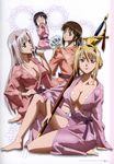  absurdres barefoot blonde_hair blue_eyes blue_hair breasts brown_eyes brown_hair charlotte_hazellink cleavage drink fan fujikura_yuu hand_on_hip highres houjouin_seika huge_filesize japanese_clothes kimono large_breasts legs looking_back milk multiple_girls non-web_source o_o official_art open_mouth paper_fan pink_hair pink_kimono princess_lover scan silvia_van_hossen sitting suzuki_shingo sword tears uchiwa weapon yukata 